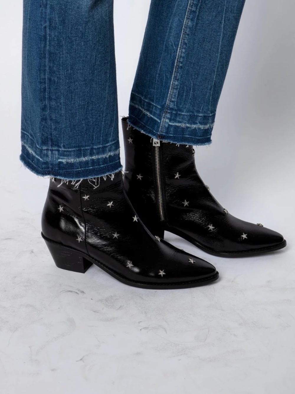 Zadig & Voltaire | Women's Star Studded Vintage Look Patent Leather Ankle Boots - Picture 2 of 8
